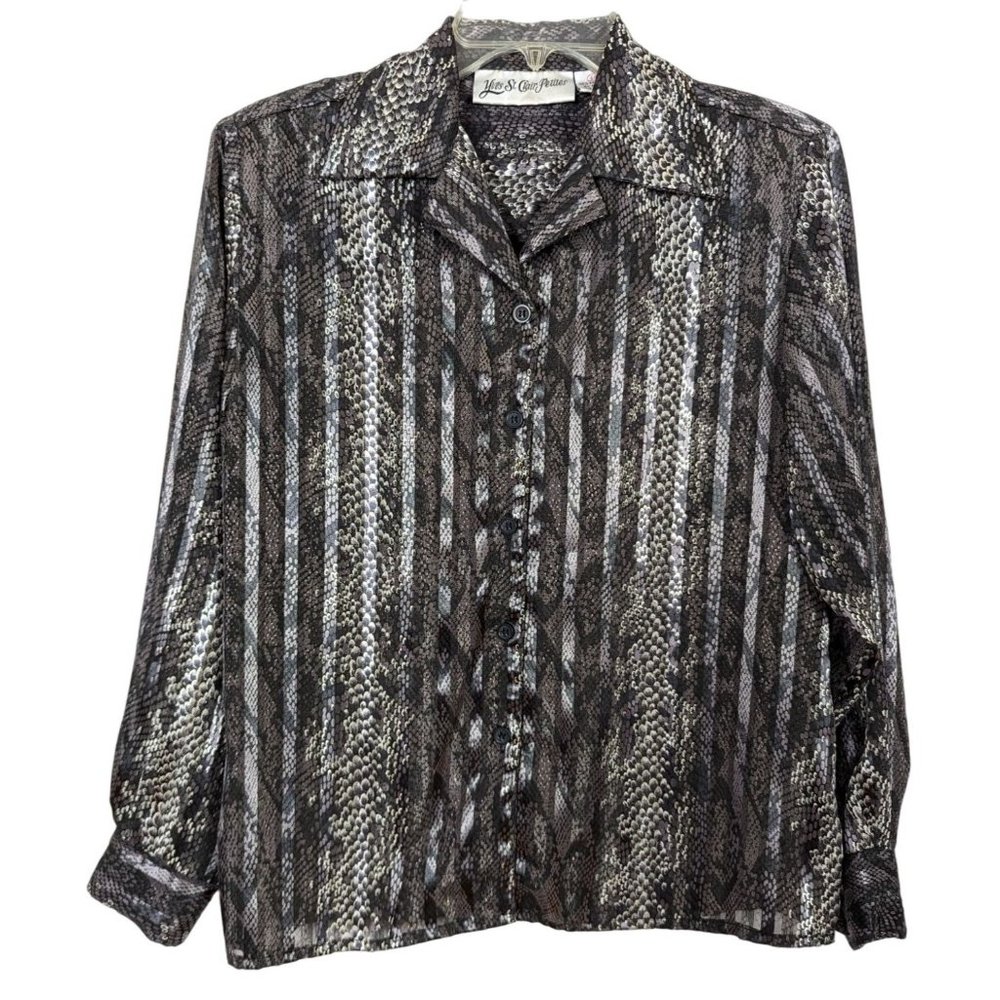 VTG Yves St. Clair long sleeve button front sheer snake print metallic blouse 6p
